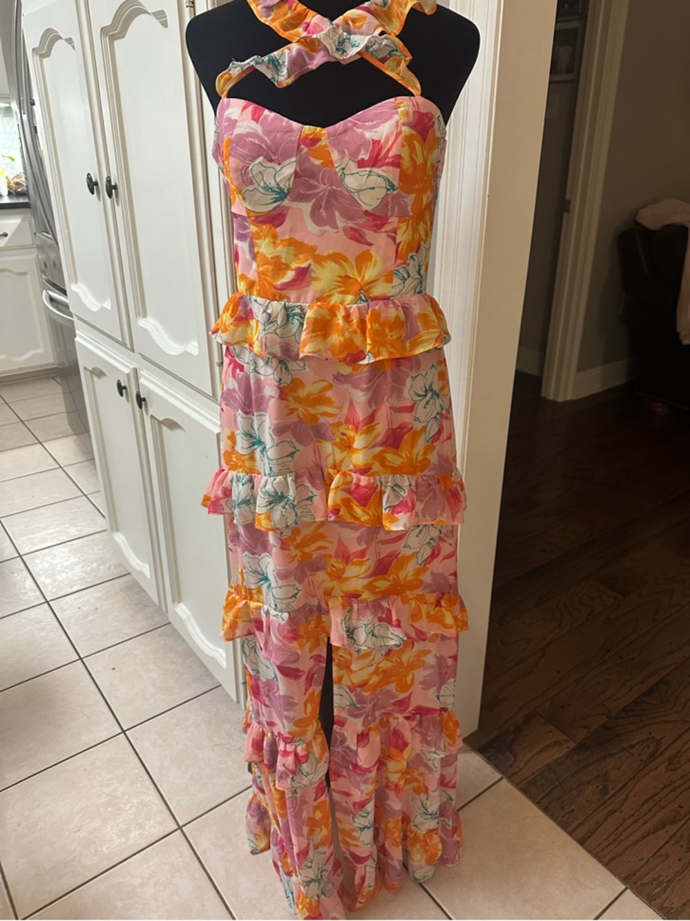 Wayf Pink Floral Ruffled Maxi Dress with front slit